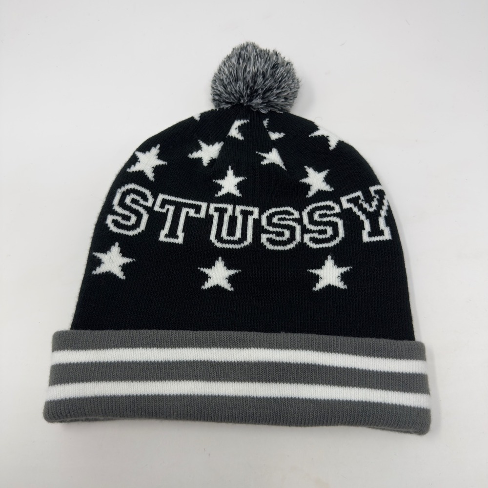 Stussy Star Pattern Knit Pom Cuffed Beanie Black Grey White Unisex OSFM EUC - Picture 2 of 9